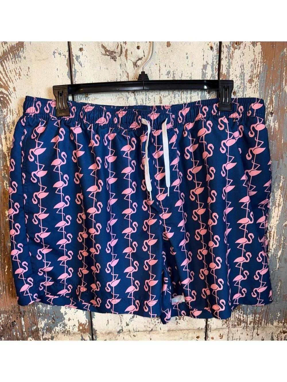 1901 Mens Swim Trunks size 2XL, blue with pink flamingos